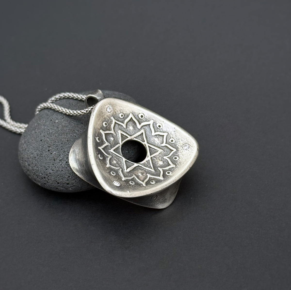 Heart Chakra Rotated Triangle Pendant, 30mm, Fine Silver w/Light Pink Enamel and CZs