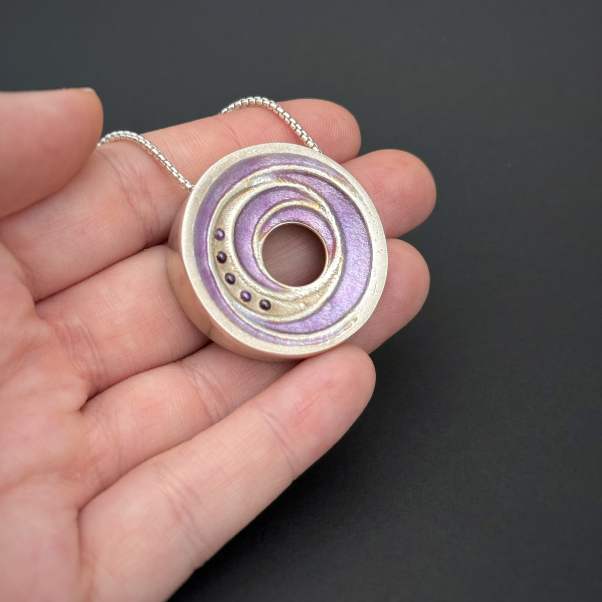 Spiral Circles Pendant, 30mm, Fine Silver w/22K Gold, Purple Enamel and CZs