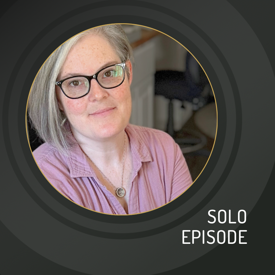 Woman with glasses and pink shirt in a circular frame with 'SOLO EPISODE' text.