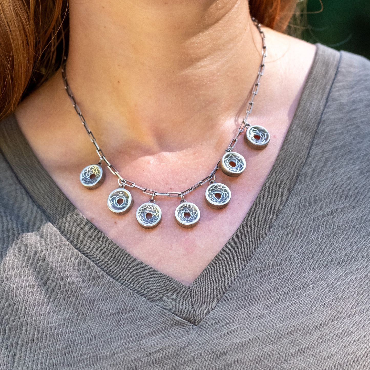 Seven Chakras Charm Necklace, Sterling Silver, 20" chain