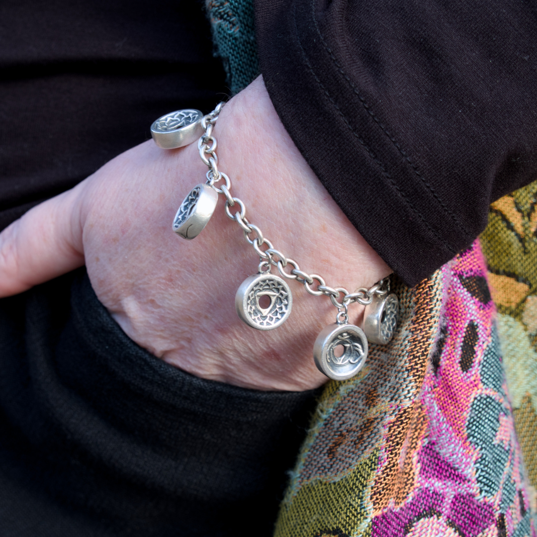 Seven chakra charm bracelet in handmade sterling silver, 7.5 inches
