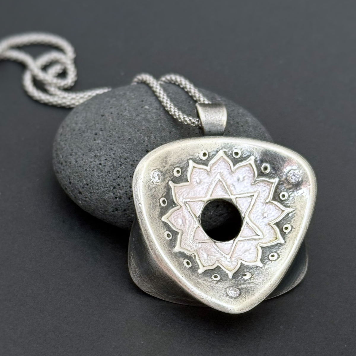 Heart Chakra Rotated Triangle Pendant, 30mm, Fine Silver w/Light Pink Enamel and CZs