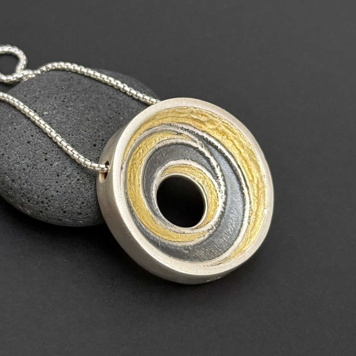 Spiral Circles Pendant, 30mm, Fine Silver w/22K Gold, Purple Enamel and CZs