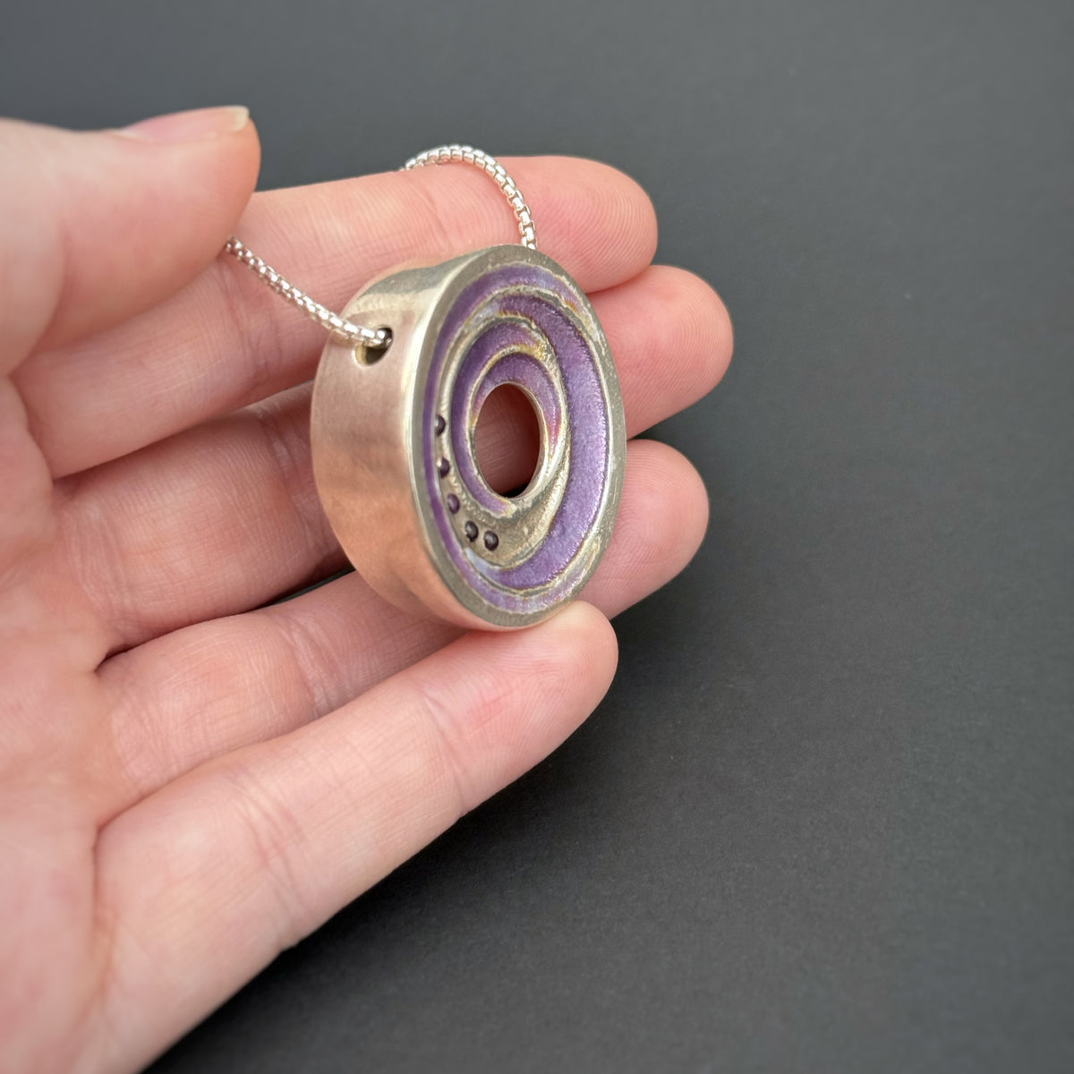 Spiral Circles Pendant, 30mm, Fine Silver w/22K Gold, Purple Enamel and CZs