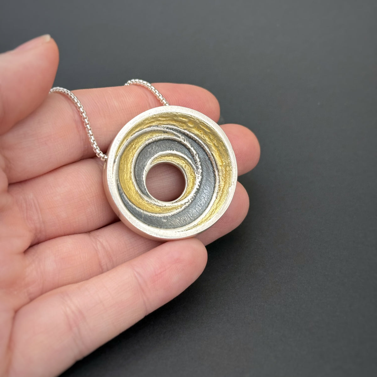 Spiral Circles Pendant, 30mm, Fine Silver w/22K Gold, Purple Enamel and CZs