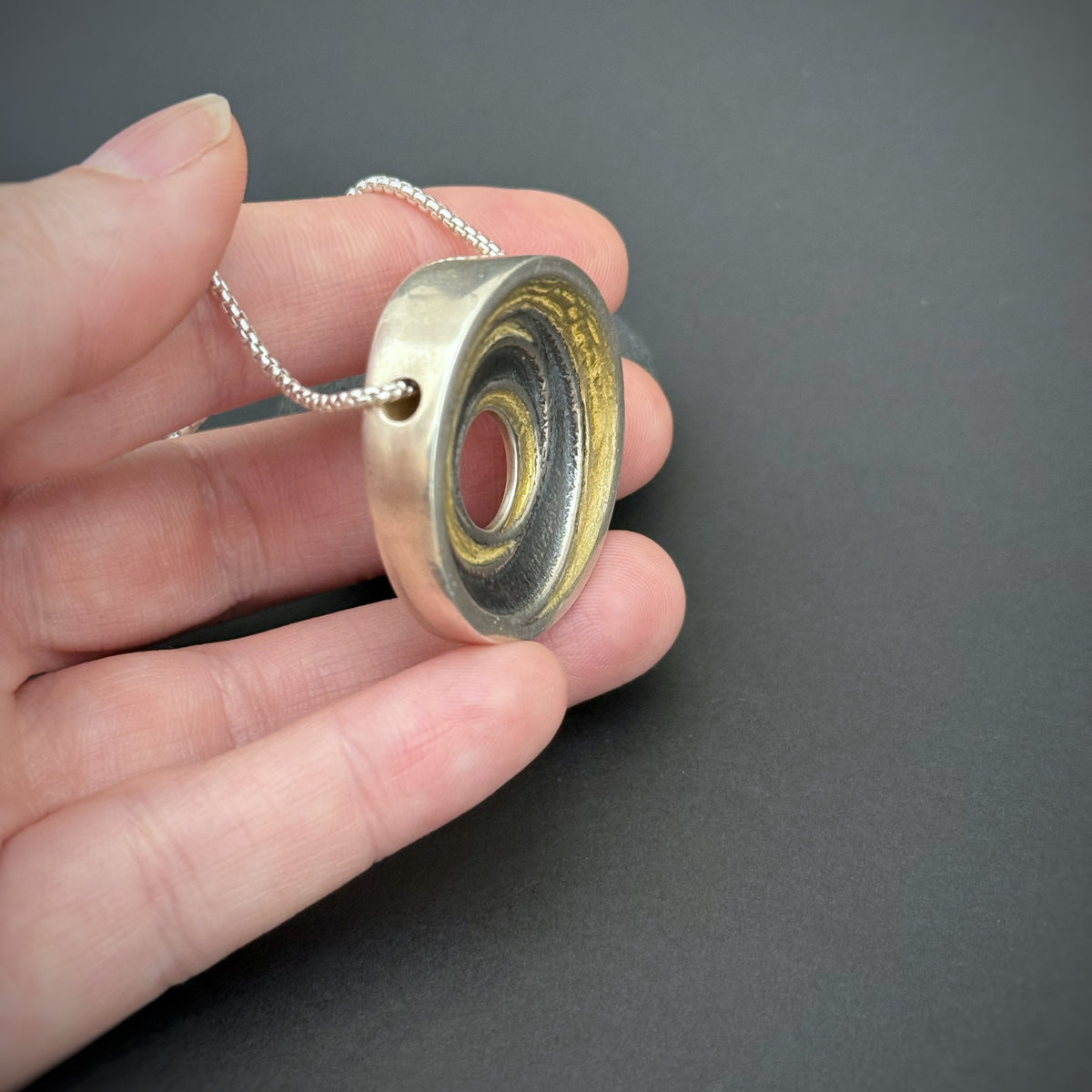 Spiral Circles Pendant, 30mm, Fine Silver w/22K Gold, Purple Enamel and CZs