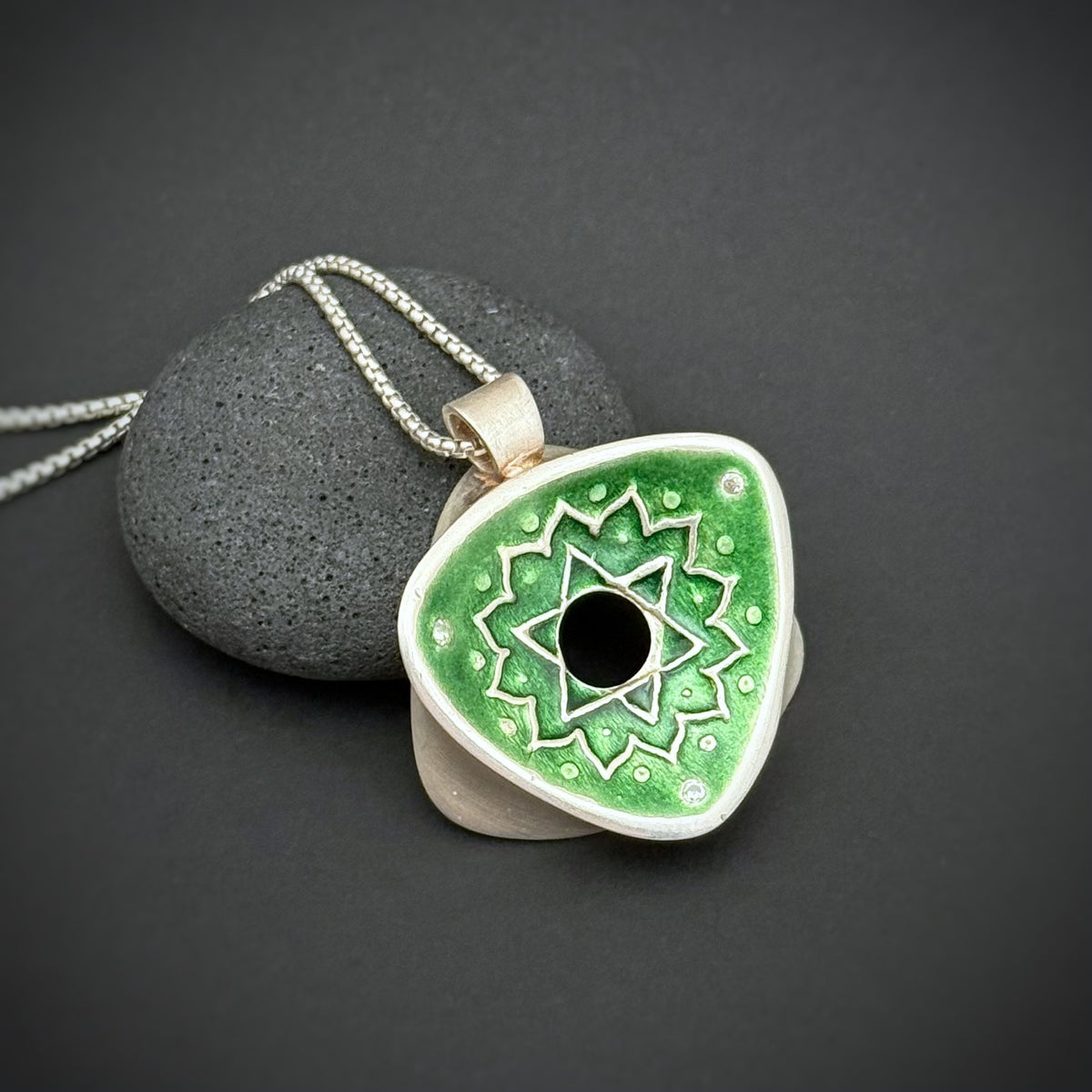 Heart Chakra Rotated Triangle Pendant, 30mm, Fine Silver w/Light Pink & Green Enamel and CZs