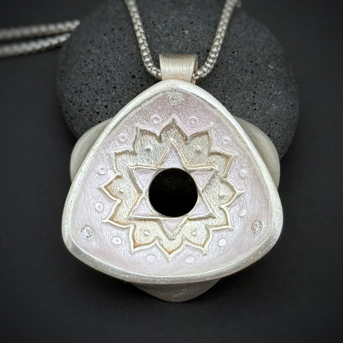 Heart Chakra Rotated Triangle Pendant, 30mm, Fine Silver w/Light Pink & Green Enamel and CZs
