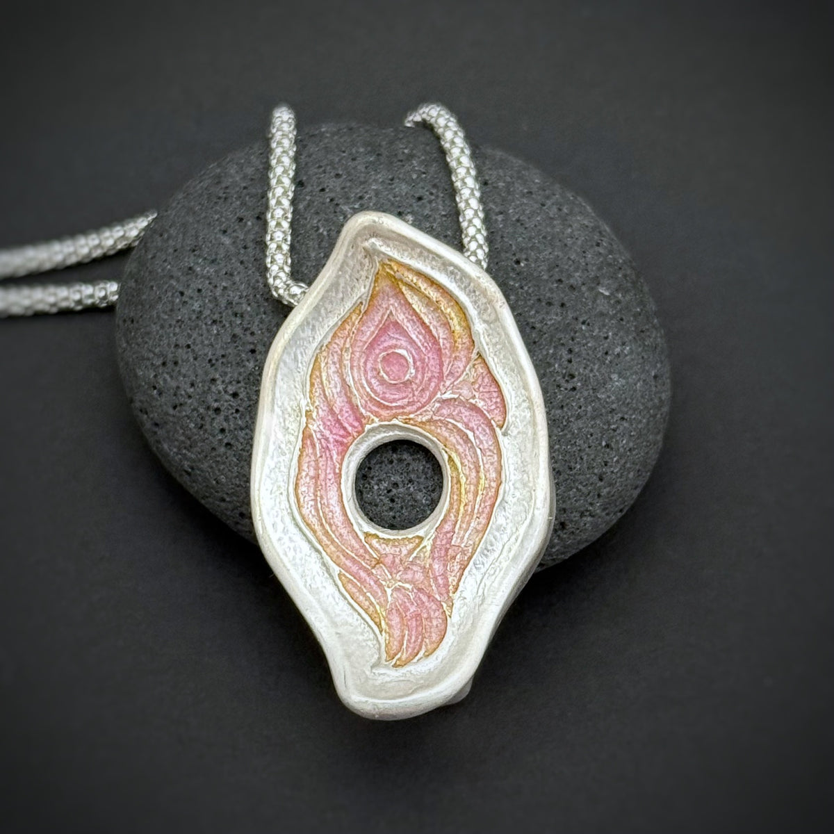 Yoni Pendant, 30mm, Fine Silver w/Pink & Orange Enamel