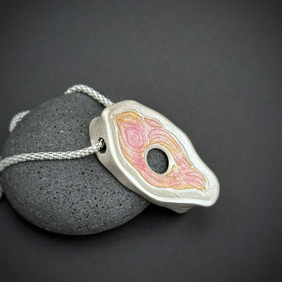 Yoni Pendant, 30mm, Fine Silver w/Pink & Orange Enamel