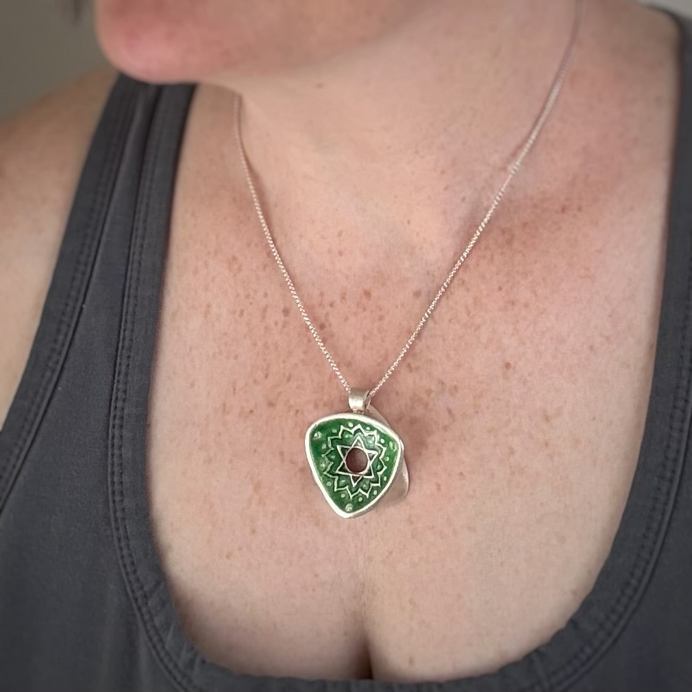 Heart Chakra Rotated Triangle Pendant, 30mm, Fine Silver w/Light Pink & Green Enamel and CZs