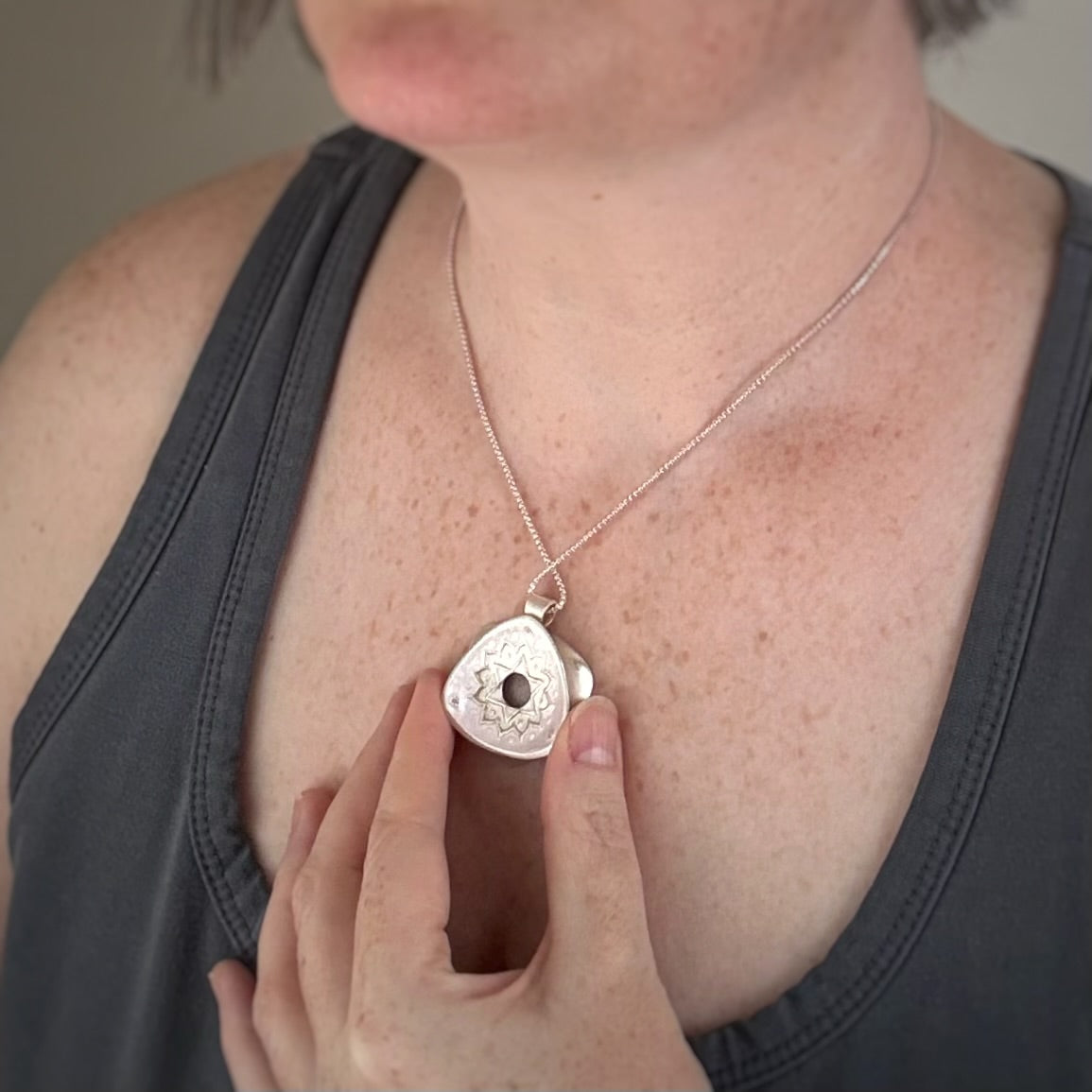 Heart Chakra Rotated Triangle Pendant, 30mm, Fine Silver w/Light Pink & Green Enamel and CZs