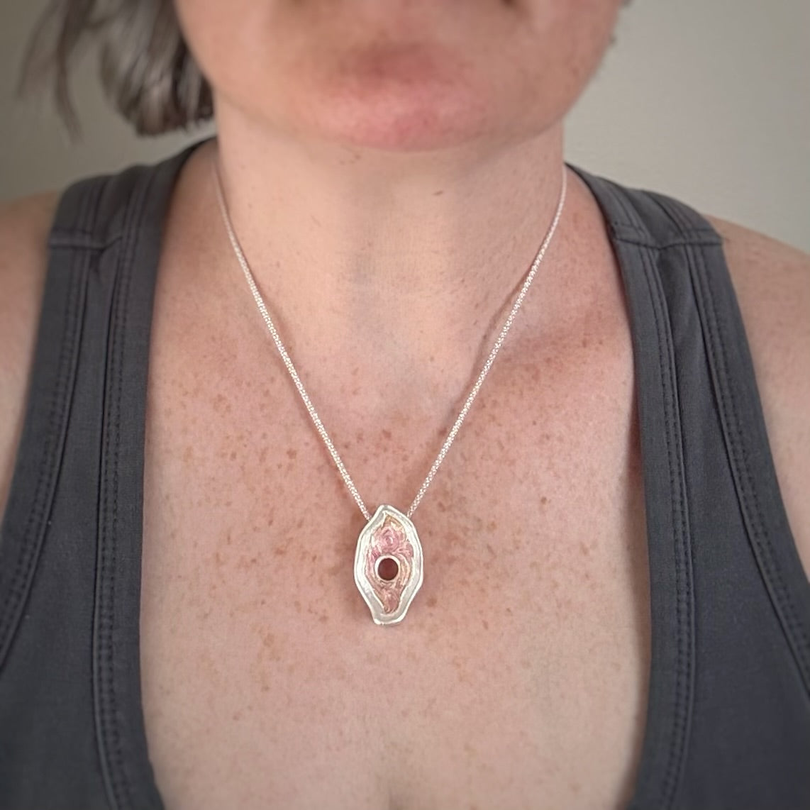 Yoni Pendant, 30mm, Fine Silver w/Pink & Orange Enamel