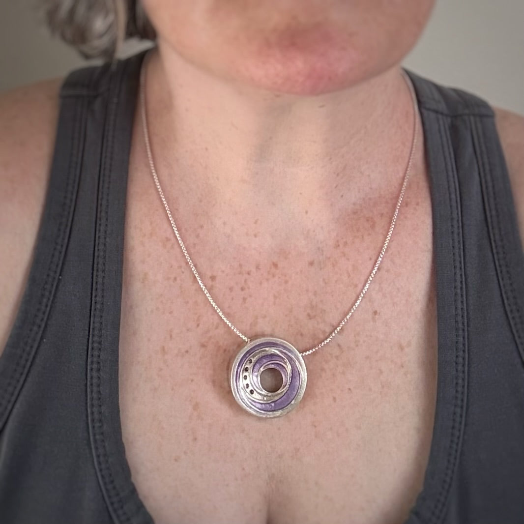 Spiral Circles Pendant, 30mm, Fine Silver w/22K Gold, Purple Enamel and CZs