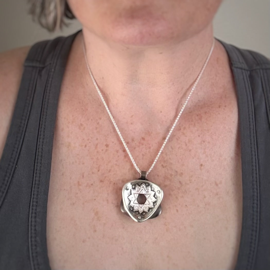 Heart Chakra Rotated Triangle Pendant, 30mm, Fine Silver w/Light Pink Enamel and CZs