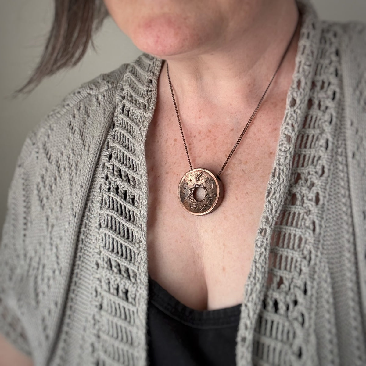 Spiral Lotus Pendant, 34mm, Copper