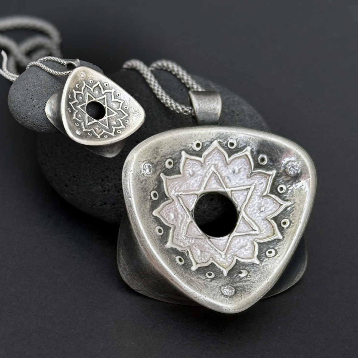 Heart Chakra Rotated Triangle Pendant, 30mm, Fine Silver w/Light Pink Enamel and CZs