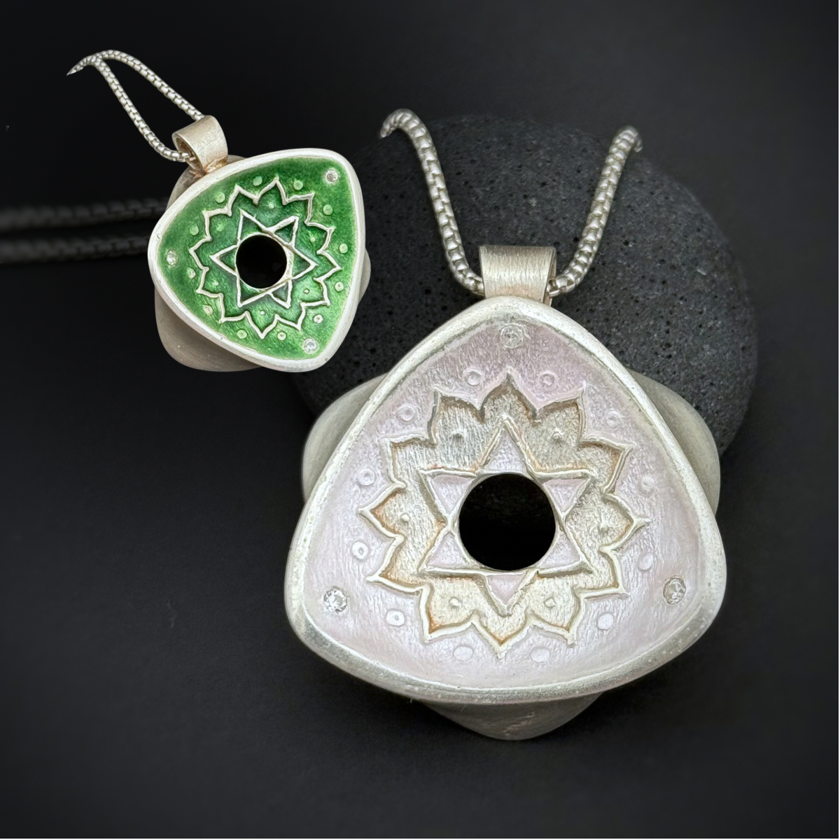 Heart Chakra Rotated Triangle Pendant, 30mm, Fine Silver w/Light Pink & Green Enamel and CZs