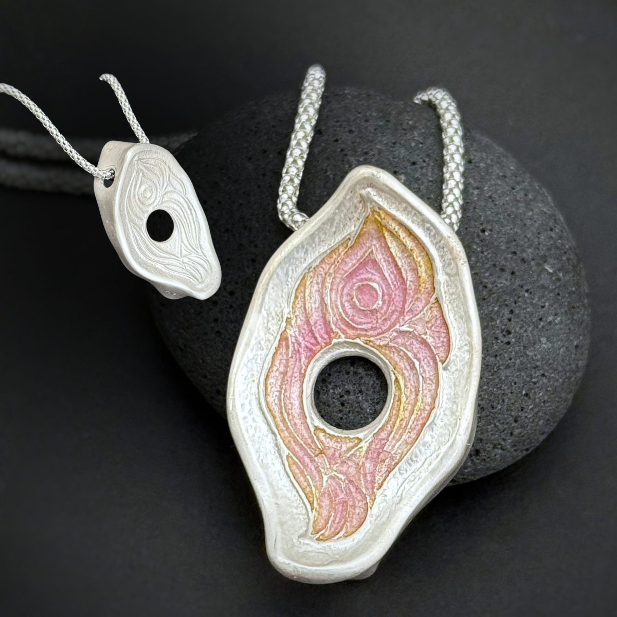Yoni Pendant, 30mm, Fine Silver w/Pink & Orange Enamel