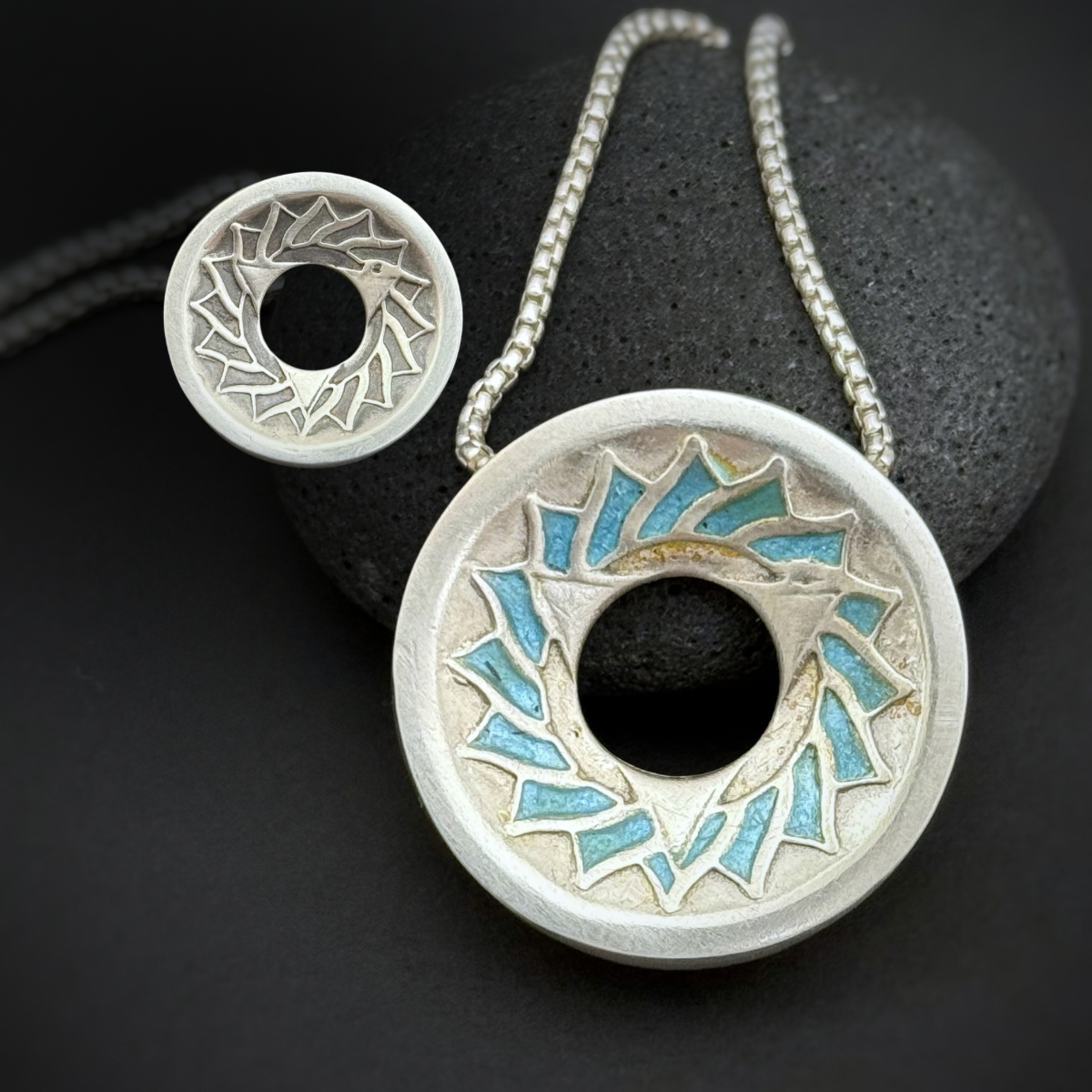 Throat Chakra Pendant, 26mm, Fine Silver w/Blue Enamel