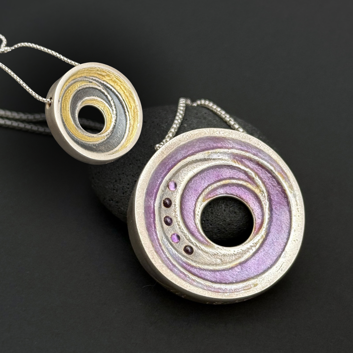 Spiral Circles Pendant, 30mm, Fine Silver w/22K Gold, Purple Enamel and CZs